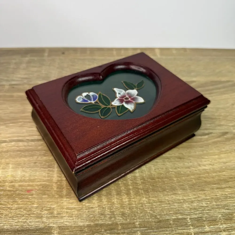 Vintage Cherry Wood Ornate Trinket Box Storage Display Floral